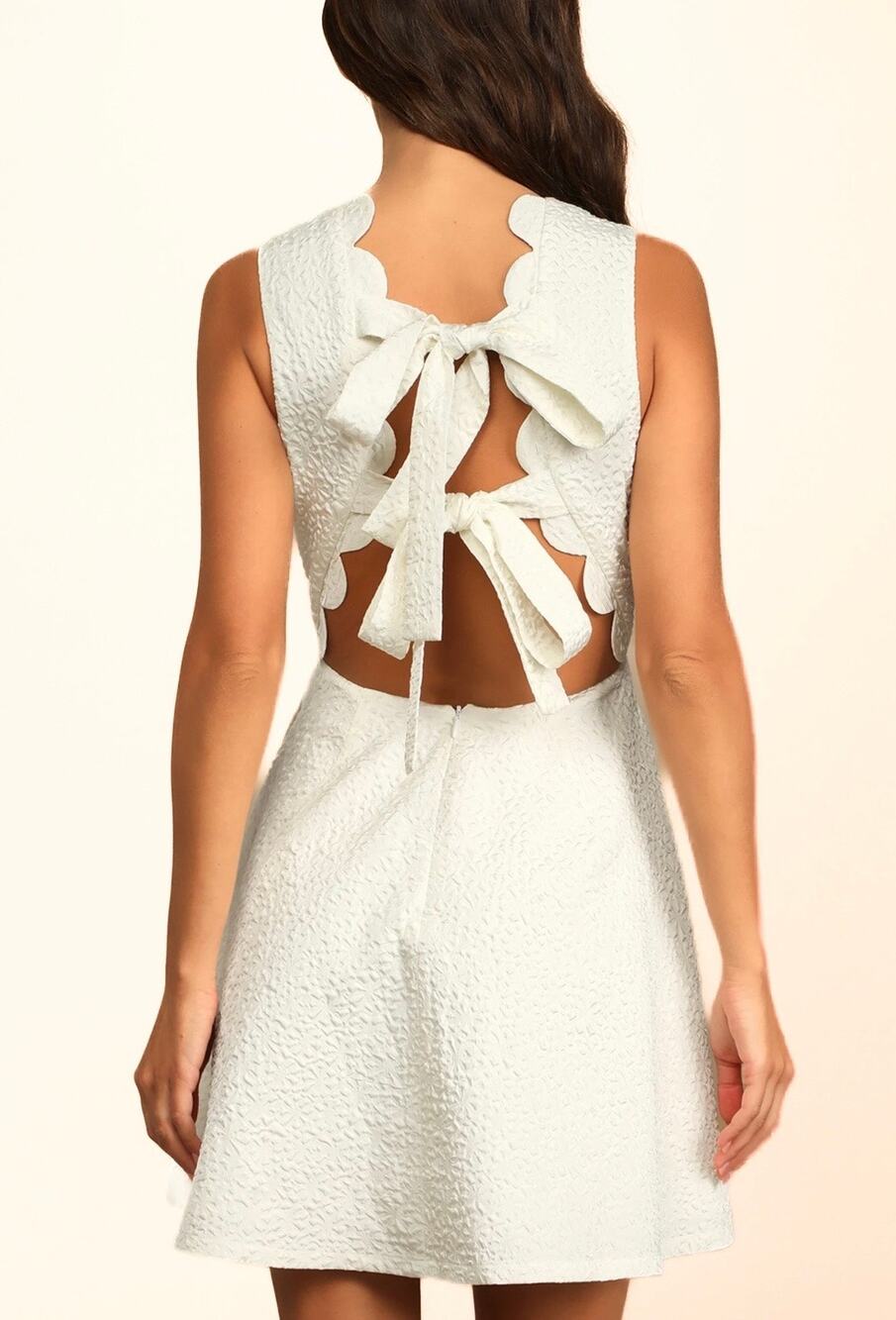 Lulus LARGE Beyond Dreamy Ivory White Scallop Tie-Back V-Neck Mini Dress NWT